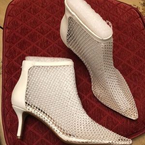 Charles David White rhinestone fishnet booties size 8